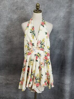 DO + BE Floral Halter Romper Linen Blend Skort Dress Size S V-Neck Backless Boho